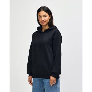 A black hooded sweatshirt featuring a front pocket and a drawstring hood, with a logo on the chest.