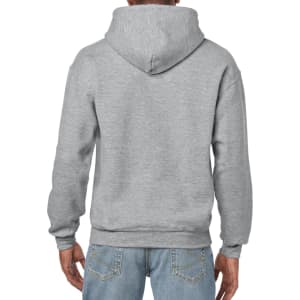 A grey hooded sweatshirt with a kangaroo pocket and a large hood, viewed from the back.