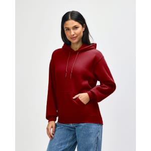 A red hooded sweatshirt with a front pocket and a logo, featuring a relaxed fit and drawstring hood.