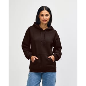A brown Gildan Heavy Blend adult hooded sweatshirt with a front pocket and adjustable drawstring hood.