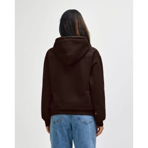 A brown hooded sweatshirt viewed from the back, featuring a kangaroo pocket and a branded label.