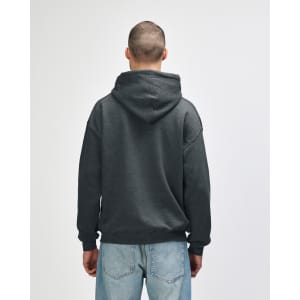 A grey adult hooded sweatshirt with a large adjustable hood, seen from the back. Features a classic fit.