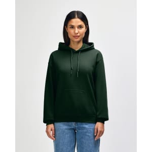 A green Gildan Heavy Blend adult hooded sweatshirt featuring a front pocket and a drawstring hood, worn by a model.