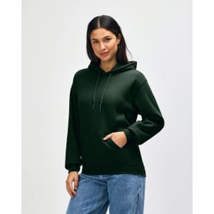 A green hooded sweatshirt stands on a model, featuring a front pocket and drawstring hood. It has branding on the garment.
