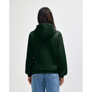 A green hooded sweatshirt with a back view, featuring a logo, paired with blue jeans.