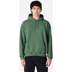 A green Gildan Heavy Blend hooded sweatshirt with a kangaroo pocket and drawstring hood, featuring a logo.