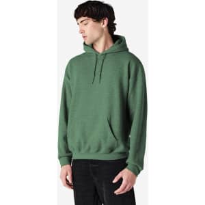 A green Gildan Heavy Blend adult hooded sweatshirt with a kangaroo pocket and adjustable drawstring hood.