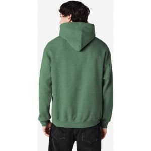 A green Gildan Heavy Blend adult hooded sweatshirt, featuring a hood and a plain back design.