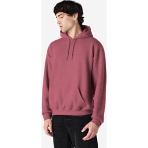 A maroon hooded sweatshirt with a front pocket and a drawstring hood, featuring a logo.