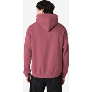 A maroon hooded sweatshirt with a kangaroo pocket and a logo on the back.