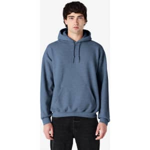 A blue hooded sweatshirt with a front pocket and drawstrings, designed for adults. It features a logo on the chest.