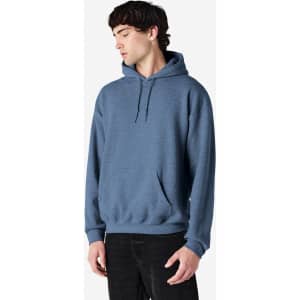A blue hooded sweatshirt with a front pocket and drawstring hood, featuring a logo.