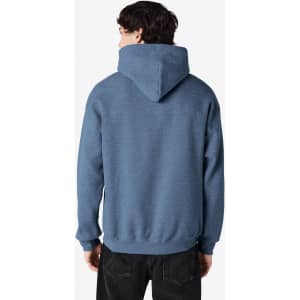A blue Gildan Heavy Blend adult hooded sweatshirt viewed from the back, featuring a logo on the left side.