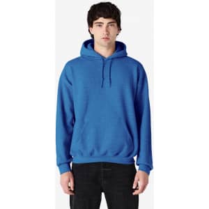 A blue Gildan Heavy Blend adult hooded sweatshirt with a front pocket and drawstring hood, featuring a logo.