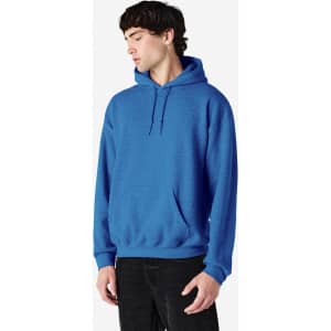 A blue hooded sweatshirt with a front pocket and an adjustable drawstring hood, featuring a logo.