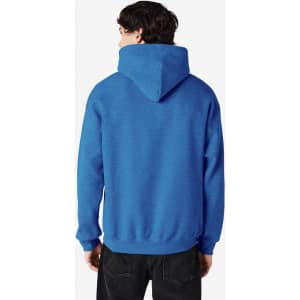 A blue hooded sweatshirt with a kangaroo pocket and a logo on the back.