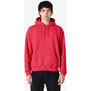 A red Gildan Heavy Blend hooded sweatshirt with a front pocket and drawstring hood, modelled by a person.
