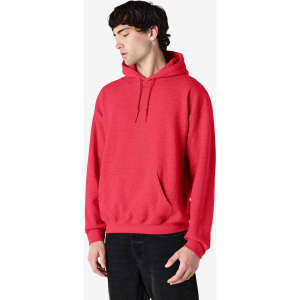 A red hooded sweatshirt with a kangaroo pocket and a hood, featuring an understated logo.