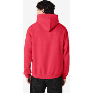 A red Gildan Heavy Blend Adult Hooded Sweatshirt viewed from the back, featuring a hood and a simple design.