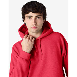 A red hooded sweatshirt featuring a front pocket and a hood, worn by a model with dark hair.