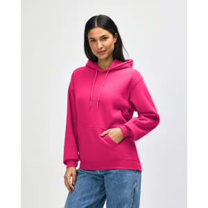 A pink hooded sweatshirt with a front pocket and drawstring hood. It features a logo on the front.
