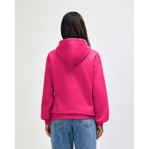A pink hooded sweatshirt with a back view, featuring a hood and a simple design.