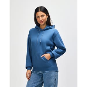 A blue hooded sweatshirt with a front pocket and a drawstring hood, worn by a model.