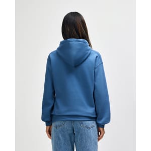 A back view of a blue Gildan Heavy Blend adult hooded sweatshirt, featuring a hood and casual fit.