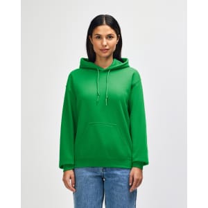 A green hooded sweatshirt with a front pocket, featuring a logo, worn by a model.