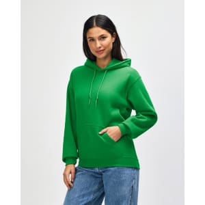A green hooded sweatshirt with a front pocket and drawstring hood, featuring a logo on the front.
