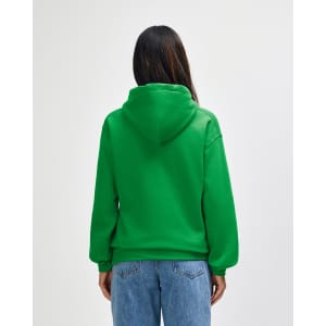 A green adult hooded sweatshirt with a hood and a relaxed fit, featuring a logo on the back.