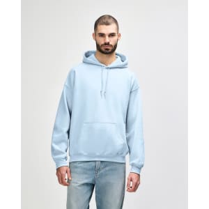 A light blue hooded sweatshirt with a front pocket and drawstring. It features a logo on the side.