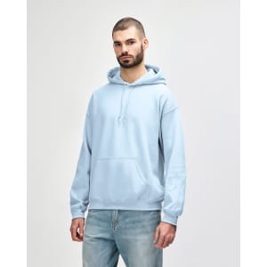 A light blue hooded sweatshirt with a front pocket and drawstrings, featuring a logo.