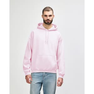 A pink Gildan Heavy Blend adult hooded sweatshirt with a front pocket and a logo.