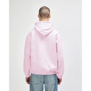 A pink hooded sweatshirt with a back view, featuring a kangaroo pocket and a logo.