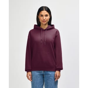 A burgundy Gildan Heavy Blend adult hooded sweatshirt with a kangaroo pocket and a hood.