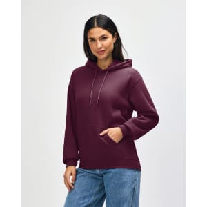 A maroon hooded sweatshirt with a front pocket and a drawstring hood. It features a branding logo.