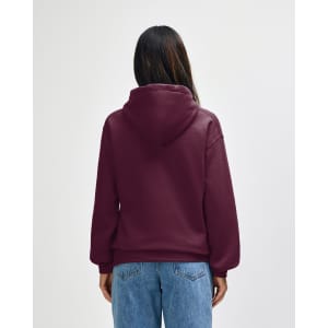 A maroon hooded sweatshirt with a plain back, featuring a logo on the front.