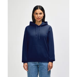 A navy blue adult hooded sweatshirt with a front pocket and drawstring hood, worn by a model.