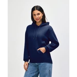 A navy Gildan Heavy Blend adult hooded sweatshirt with a front pocket and adjustable drawstring hood.