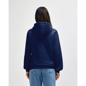 A navy blue hooded sweatshirt with a large hood, view from the back, featuring a logo on the upper back.