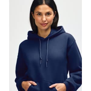 A navy blue hooded sweatshirt features a woman with long hair, showcasing the garment's hood and neckline.