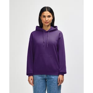 A purple Gildan Heavy Blend adult hooded sweatshirt with a front pocket and a logo on the sleeve.