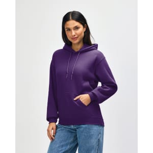 A purple Gildan Heavy Blend adult hooded sweatshirt with a front pocket and a large hood.
