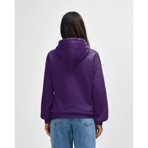 A back view of a purple hooded sweatshirt with a kangaroo pocket and a hood, featuring a branding logo.