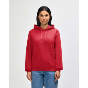 A red Gildan Heavy Blend adult hooded sweatshirt with a front pocket and drawstring hood, featuring a logo.
