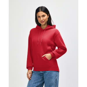 A red Gildan Heavy Blend adult hooded sweatshirt with a front pocket and a hood. It features a brand logo.