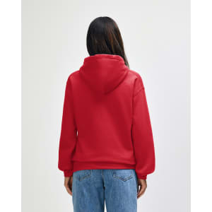 A red Gildan Heavy Blend adult hooded sweatshirt, viewed from the back, features a hood and a simple design.