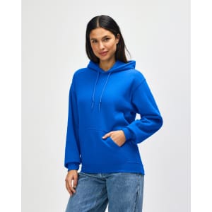 A blue hooded sweatshirt with a front pocket and drawstring hood, worn by a standing model. The sweatshirt has a logo.