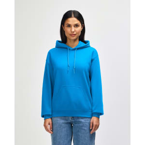 A model wearing a bright blue hooded sweatshirt with a front pocket and drawstring hood.